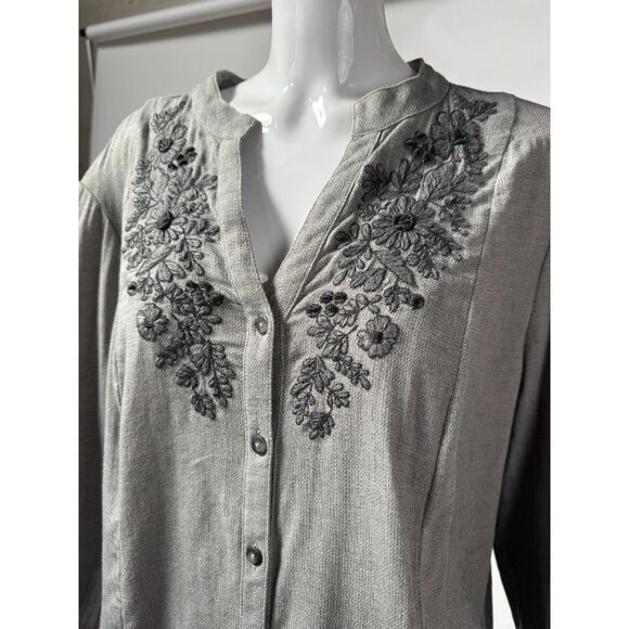 Coldwater Creek XL Embroidered Button-Front Tunic Top Gray 100% Cotton Long Slee - Picture 4 of 16